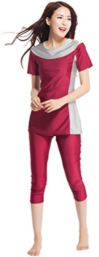 Swimwear for Ladies Short-Sleeved Hakama Split Swimsuit (Wine Red, M)
