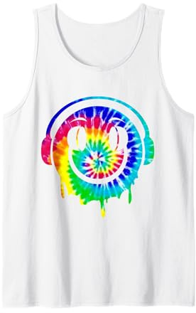 Tie Dye Melting DJ Smiling Face Headphones EDM Rave Party Tank Top