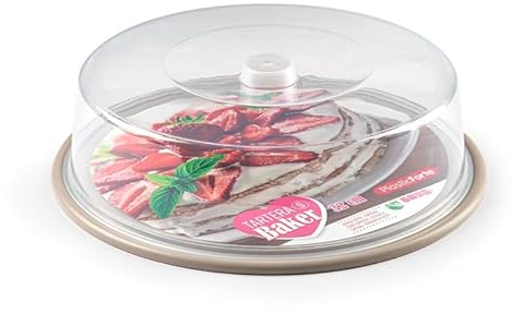 CABLEPELADO Portatartas, Recipiente Redondo para Tartas con Tapa Alta, Bandeja Pasteles, Tartera plástico, Recipiente Transporte Comida, 9 cm Altura x 32 cm diámetro, Plástico, Beige