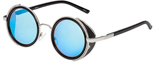 UltraByEasyPeasyStore Silber mit Blau Linsen Steampunk Sonnenbrille Retro Damen Herren Metall Rund Rave Gothic Vintage mit Scheuklappen UV400 Unisex