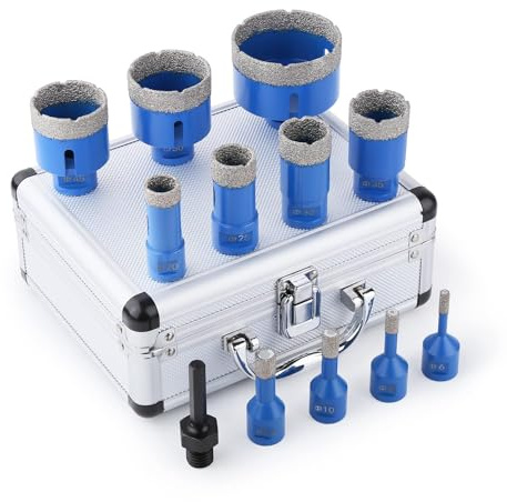 Vearter 12 Stück/Satz Diamant Fliesenbohrer Set, 6–68mm M14 Gewinde vakuumgelöteter Winkelschleifer Diamantbohrer Set mit 3/8 Zoll Sechskant Adapter für Marmor, Fliesen, Keramik, Beton (Blau)