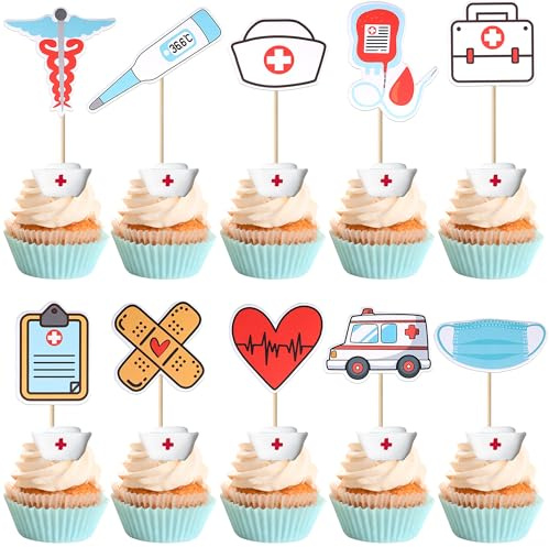SYKYCTCY 30 Pack Nurse Cupcake Toppers Nursing School Graduation Medical Instruments Cupcake Picks Medical Rn Themed Cake Decorations for Nurse Grad Birthday Baby Shower Party Supplies