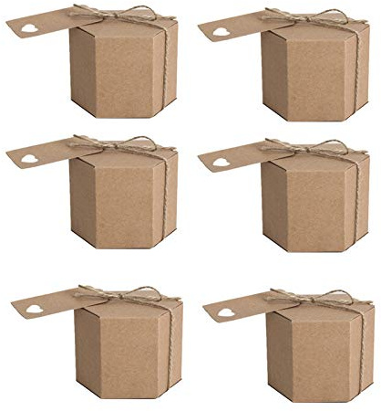 50 Stück Schachteln für Bonbons aus Kraftpapier, sechseckig, aus Karton, mit Etikett, Partyzubehör für Hochzeit