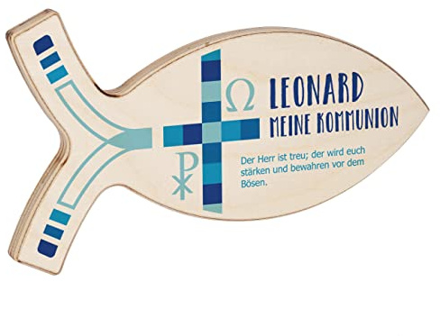 Striefchen® Personalisierter Deko-Fisch aus Holz für Taufe, Kommunion und andere Anlässe 19,5 cm x 11 cm x 1 cm (B/H/T) Kommunion Blau
