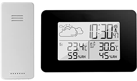 eMylo Wetterstation Funk mit Außensensor,Digital Hintergrundbeleuchtung Multifunktionale Funkwetterstation mit Thermometer Hygrometer Innen und Außen LCD Display,Wettervorhersage und inkl Wecker