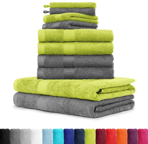 BaSaTex Frottee Handtuch Komplett Set, Anthrazit/Apfel | Öko-Tex Made in Green Zertifiziert, Se aus 4X Handtuch, 2X Duschtuch, 2X Gästetuch, 2x Waschhandschuh