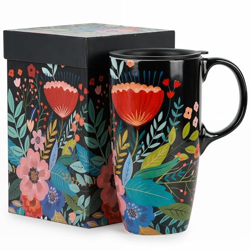 DUSVALLY Ceramic Travel Mug with Lid, 500ml/17oz Large Coffee Mug | Colourful Botanical Floral Design, Microwave & Dishwasher Safe, Gift Box Included