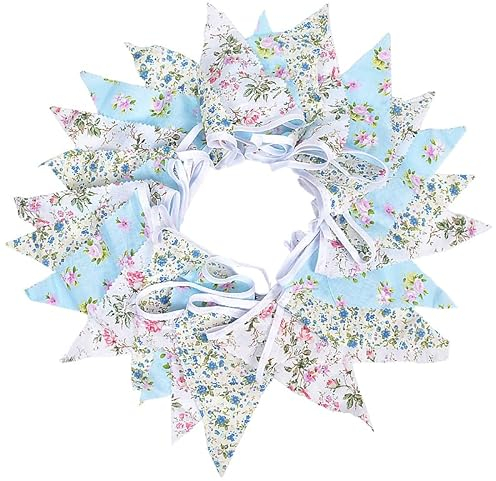 Guirlande de fanions en tissu floral de 12 m | Drapeaux de grande taille | Style shabby chic vintage en coton pour décoration de jardin, fête d'anniversaire, chambre à coucher