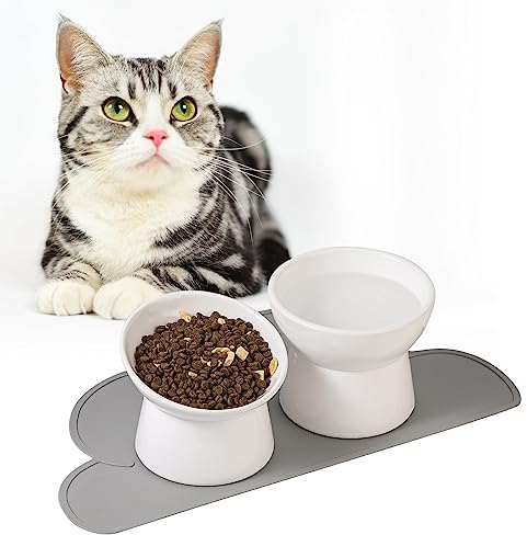 Katzen Napfset Erhöht Katzennapf Keramik - Katzennäpfe 3er Set mit Rutschfester Matte - Katzen Futternapf Groß - Doppelt Katzenschüssel für Futter und Wasser - Fressnapf Katze Napf - Wassernapf Katzen