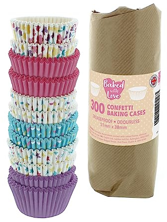 Baked With Love Confetti Cupcake Cases - 300-50mm Baking Cups with Multi-Coloured Stars, Confetti, and Flowers in Pastel Shades, Greaseproof Paper Cases for Muffins and Cupcakes, Bulk Pack of 300 | Greaseproof Paper, Stars, Flowers & Multi-Coloured Sprinkles Print, 37mm Height, 50 Cases Per Colour