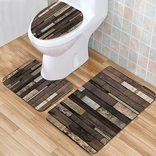 IUBBKI Badezimmermatte, Badezimmer-Anti-Rutsch-Matte, Holz, rustikal, Badematten-Set, 3-teilig, saugfähig, rutschfest, Badematte, WC-Vorleger, Badteppich für Badezimmer, Schlafzimmer, Küche