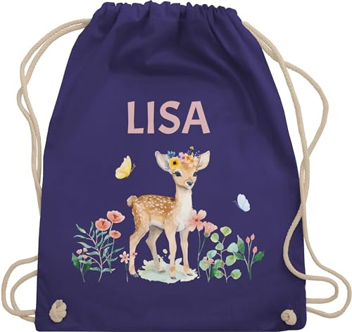 Turnbeutel Rucksack - Reh mit Name personalisiert I Rehkitz I Rehe - Unisize - Lila - und kindergartenrucksack tier blumen beutel kinder tiere sporttasche kindergarten tieren stoffbeutel mädchen