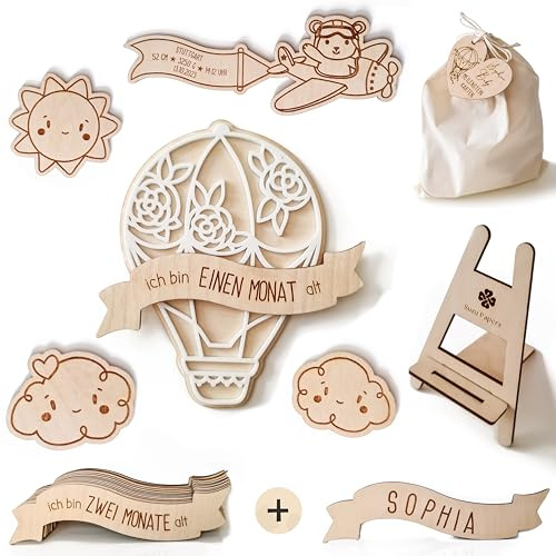 Meilensteinkarten Baby Holz 1-12 Monate personalisiert – Mädchen & Jungen Heißluftballon (Set 4) Komplett-Set)