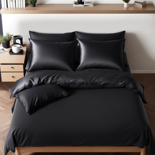 Cozyor Biancheria da letto double-face, 135 x 200 cm, in raso e microfibra, extra spessa e morbida, con robusta chiusura lampo, copripiumino 135 x 200 cm, federa 80 x 80 cm, 2 pezzi, nero Eclipse