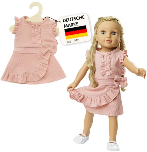 Heless 2423 - Puppenkleidung aus Musselin, 100% Bio-Baumwolle, 2-teiliges Set mit Wickelrock und Rüschen-Top in Rosa für Puppen und Kuscheltiere der Größe 35-45 cm
