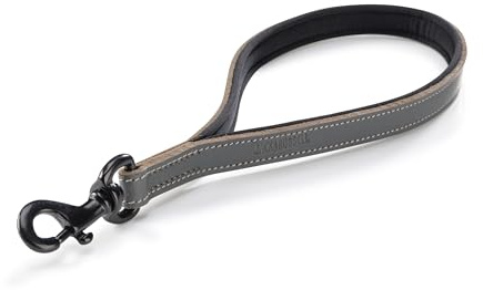 Jack & Russell Kurzführer Hundeleine 30cm aus Leder - Kurze Hundeleine aus Büffeleder & Neopren – Hunde Lederleine grau/schwarz kurz Tyler (Grau/Schwarz)