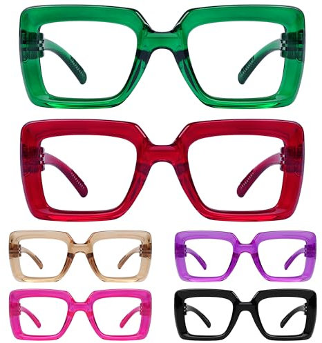 Eyekepper Gafas de lectura para mujer Sin metal Sin tornillos bisagras de muelle Paquete de 6 Mujer de gran tamaño cuadrada Marcos gruesos gafas para presbicia +1,00