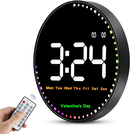 Reloj de Pared Digital Grande 10, Despertador Enchufable, 12/24H Reloj de Gimnasio con Control Remoto/Count Up & Down/10-Niveles de Atenuación/Alarma Dual/Día/Fecha/TEMP/Luz Colorida/Reloj Festivo