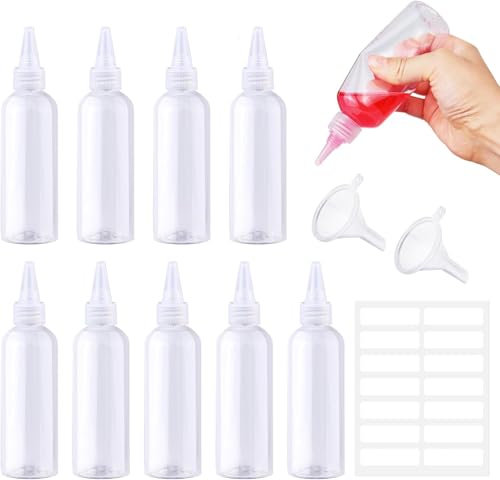 Prebarfun Squeezy Bottles with Nozzles, Plastic Squeezy Sauce Bottles Small, Clear Condiment bottle with Funnels Labels for Sauce Oil Ketchup DIY Crafts (10PCS 100ML)