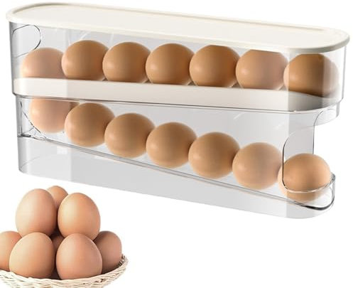 Auto Rolling 2 Tier Egg Holder | Automatic Scrolling Dispenser | Space-Saving Stackable Fridge Organizer With Lid Trays for Kitchen Countertop