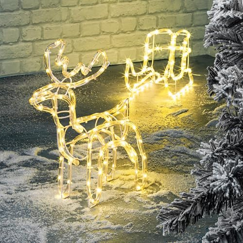 LED Rentier mit Schlitten - 160 LED in warmweiß - Lichterkette Lichtschlauch für Innen & Außen - Leuchtfigur Weihnachtsdekoration mit Rentier beleuchtet außen & Garten beleuchtet