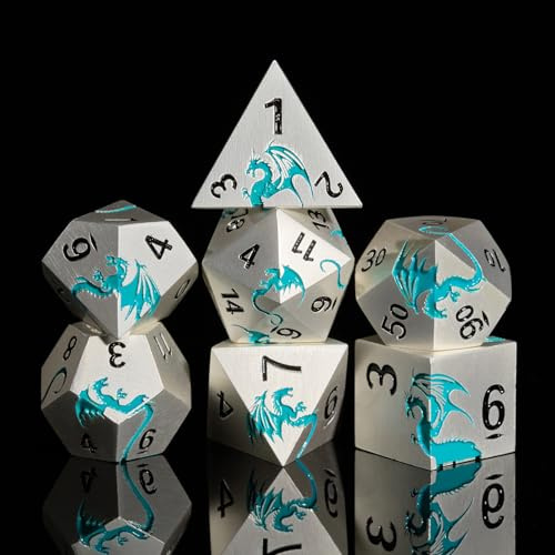 HNCCESG - Jeu de dés en métal Dragon Bleu, Ensemble de 7 Superbes dés D&D, dés Cadeaux donjons et Dragons, dés de Jeu de rôle pour Jeux de société D&D (Dragon Bleu Mat argenté)