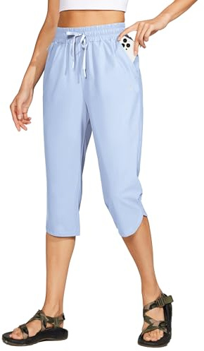 WILLIT Badbyxor för kvinnor, capribyxor, badshorts, snabbtorkande simbräda, strand, atletisk capris med fickor, lätt UPF 50 + 18 tum, Ljusblå, XS
