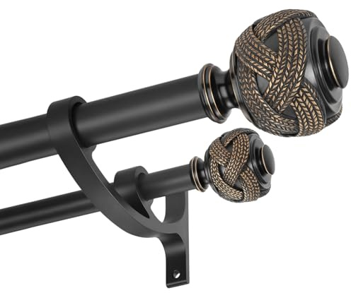 Matte Black Double Curtain Rods 36 to 72 Inches, Decorative Double Drapery Rod with Aluminum Alloy Brackets, Heavy Duty 1” Front and 5/8” Back Telescoping Double Windows Rod with Classic Finials