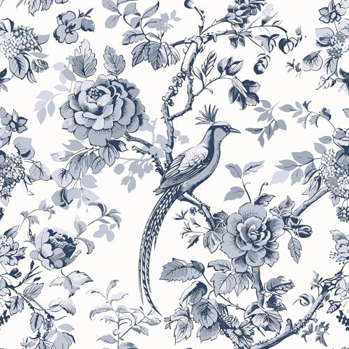 VEELIKE Tapete Muster Blau Vogel Fototapete Selbstklebend Tapete Blumen Vintage Vogel Blumentapete 44.5 cm x 300 cm Chinesische Mustertapete für Schlafzimmer Badezimmer Klebefolie Möbel Abnehmbar