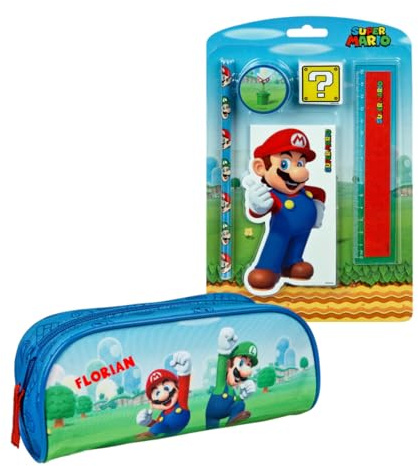 Undercover Schreibset und Schlamperetui Super Mario, Personalisiert mit Name, Kreativset Kinder Jungen, Notizblock Bleistift Radierer Anspitzer Lineal, Super Mario Set 6-tlg.
