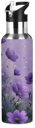 Woltant Bouteille d'eau isotherme en acier inoxydable avec paille pour le travail, les voyages, la salle de sport - 600 ml - Motif fleurs violettes