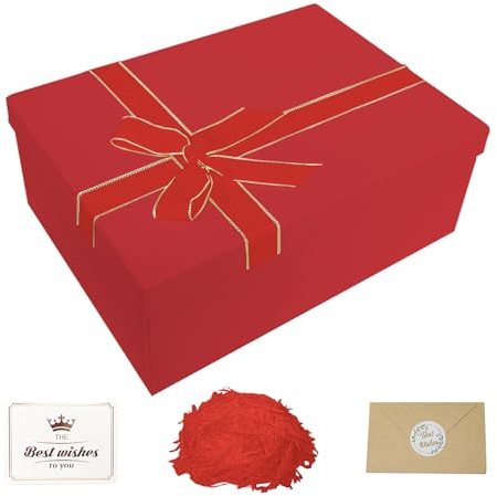 Guartinx Geschenkbox Mit Deckel Groß 33x25x12, Rot Geschenkbox mit Schleifen, Raffia, Grußkarten, Geschenke Box Set für Geburtstage Hochzeiten Valentinstag Muttertag Halloween Weihnachten(Rot-L)