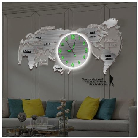 HGTRH Reloj Silencioso de Acrílico, Reloj de Pared Mapa Mundial En 3D para La Pared De Fondo De La Oficina del Dormitorio Casa D 78x36.5CM