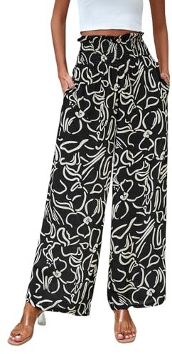 Fashionabla lediga vida ben byxor, tryckt mönster hem, bekväm hög midja veckad bred ben, Svart, S