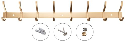 ESKASI Garderobenleiste 59cm mit 8 Haken, Wandmontage-Set inkl. Fischer Dübel, Kleiderhaken Halterung rostfreier Edelstahl, Hakenleiste für Eingang, Flur, Bad, Küche (Gold, 8 Haken)