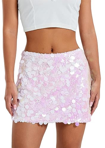 Womens Sparkle Sequin Mini Skirt Sexy Low Rise Bodycon Glitter Pencil Skirt Club Party Festival Outfits (A-Pink, S)
