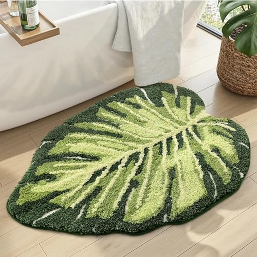 DEXI Bath Mat 60 x 80 cm, Non-Slip Absorbent Bathmat with Green Plant Pattern, Leaf Shaped Washable Rugs for Shower Floor, Bedroom, Bathroom Accessories Decor, Monstera