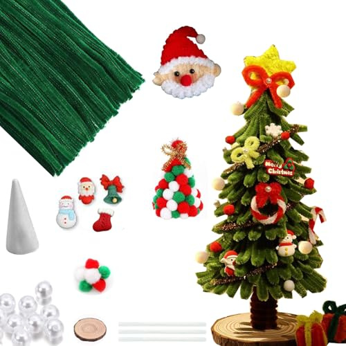 WLHFDC Weihnachten Pfeifenreiniger Grün Set,Weihnachtsbaum Pfeifenputzer zum Basteln, Kreativset Weihnachten Chenilledraht Handwerk mit Weihnachtsbaumschmuck für Junge Mädchen
