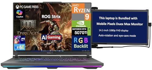 ASUS ROG Strix AI Gaming Laptop 16.0 165Hz IPS WUXGA Display (AMD Ryzen 9 8940HX, GeForce RTX 5070 Ti 12GB, 64GB DDR5, 8TB PCIe SSD, RGB KB, WiFi 6E, Webcam, Win 11 Pro) w/Duex Max DS Monitor