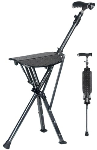 Bastone con Seduta Pieghevole per Anziani Bastone Sedia Pieghevole Portatile Leggero, Regolabile in Altezza con Seduta, Bastoni da Trekking(Black)