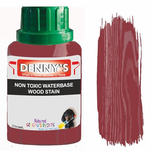 Non-Toxic Water-Based Wood Stain – Fast Drying – 179 Colours – For Furniture, Doors, Floors, Skirting, Crafts & Interior Wood – Sponge or Roller Application (Ruby red, 250ML bottle)