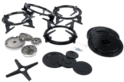 Juego de soporte universal para estufa de gas con quemador superior y tapa – 4 soportes de sartén, 4 placas de parrilla, 4 placas de parrilla, 1 soporte de olla, (tornillos de montaje), 4 coronas de