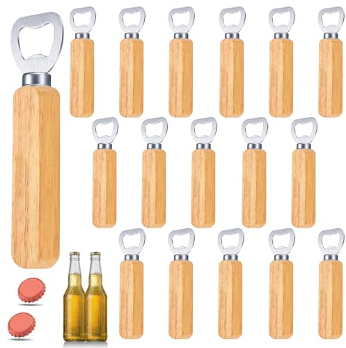 16 Stück Flaschenöffner Holz - Holzgriff Bier Personalisierter Bierdosenöffner mit Holzgriff - Tragbare Kapselheber für Zuhause Outdoor Küche Bar aus Edelstahl