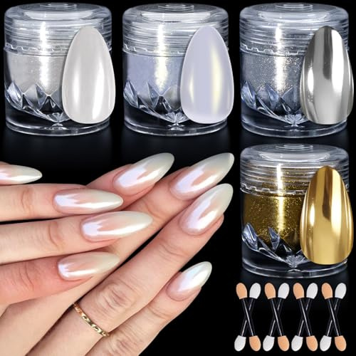 Gold Silber Weiße Perle Chrom Nagelpuder Nail Design für DIY-Salon | Chrome Pulver Nägel Glazed Donut Nail Powder, Spiegeleffekt Metallic Cromepulver Nägel Glitzer Nagelpuder