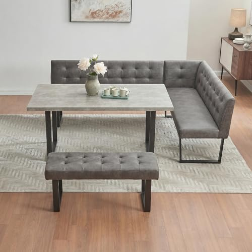 JIEXI Eckbank-Set mit Esstisch, Grau, Gepolsterte Tufting-Bänke, L-Form, 180 x 140 cm, Sitzhöhe 48 cm (110 cm Feste Länge Tisch Nach Links abbiegen)