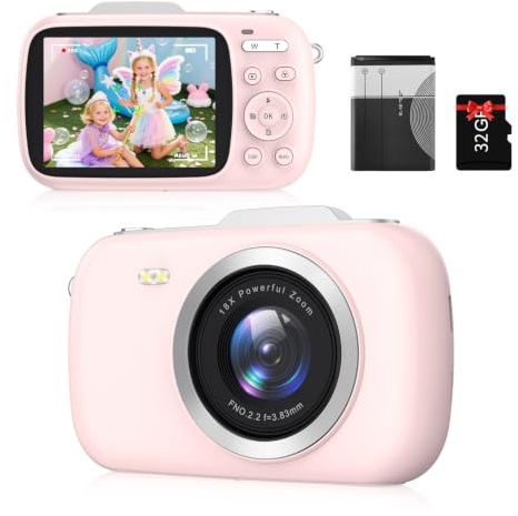 Digital Camera FHD 5K 80MP Vlogging Camera for Kids Beginner Teens, 2.8 Screen 18X Zoom Anti Shake Date Stamp, Compact Small Camera Christmas Birthday Gift for Boys Girls, Pink