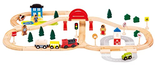 Bino & Mertens 1 Holzeisenbahn, Spielzeug für Kinder ab 3 Jahre, Kinderspielzeug (Holzeisenbahn elektronische Lok, inklusive Zubehör, 80 teilig, kompatibel zu allen marktüblichen Systemen), Natur