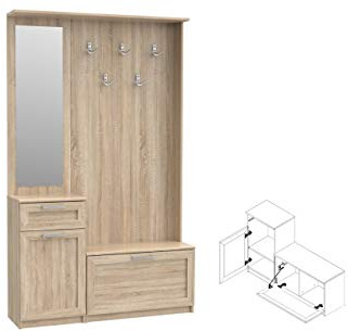 Garderobe NIKO NIKD04 Flurgarderobe, Flur, Dielengarderobe mit 1 Tür, 1 Klapptür, Spiegel, Schublade und 5 Kleiderhaken (Sonoma Eiche)
