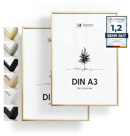 Heimlich Fotorahmen aus Aluminium – DIN A3 29,7 x 42 cm, Gold, 2er-Pack | Heimlich® – Stabiler Bilderrahmen Aus Metall – Kleine Poster-Druckrahmen – Nur Wandhalterung