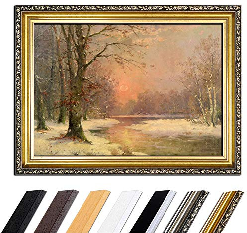 Bilderdepot24 Bild mit Rahmen - Adolf Kaufmann Sonnenuntergang in Winterlandschaft 50x40 cm - Gerahmtes Leinwandbild Alte Meister - Antiker Rahmen Gold Barock, Klassisch